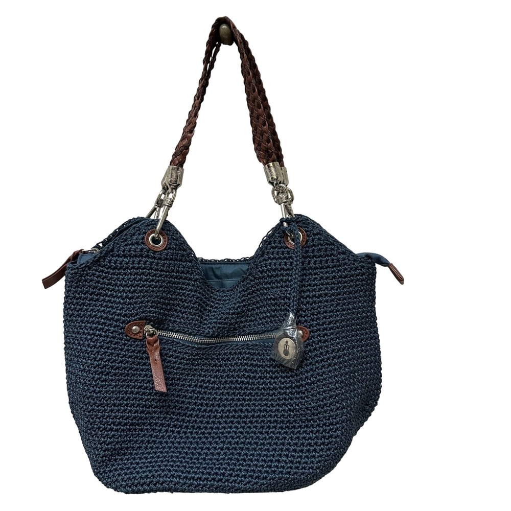 The Sak Navy Blue Crochet Hobo Shoulder Bag Braided Straps Boho Classic
